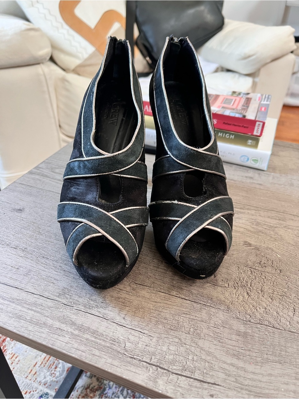J. Crew 2015 Collection Tilly Suede Peep Toe Heel black and navy suede